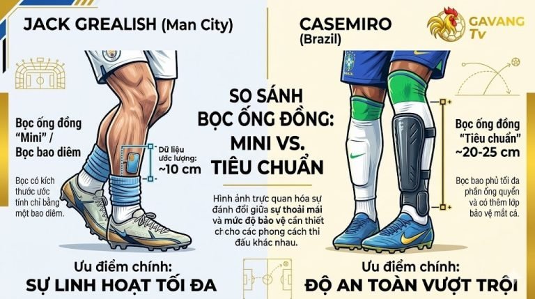 So sánh bọc ống đồng mini linh hoạt của Jack Grealish và loại tiêu chuẩn an toàn của Casemiro. Phân tích dụng cụ bảo vệ cầu thủ từ chuyên gia Gavang TV.