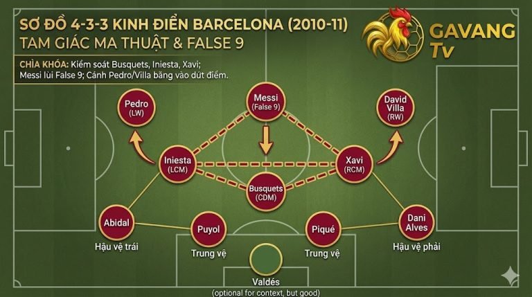 Sơ đồ 4-3-3 kinh điển của Barcelona dưới thời Pep Guardiola với các tam giác chuyền bóng ma thuật và vai trò False 9 của Messi.