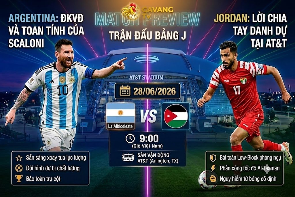 Đồ họa xem trước trận đấu Jordan vs Argentina World Cup 2026 với toan tính xoay tua của Scaloni và bài toán Low-Block từ Jordan, có Lionel Messi và Musa Al-Taamari.