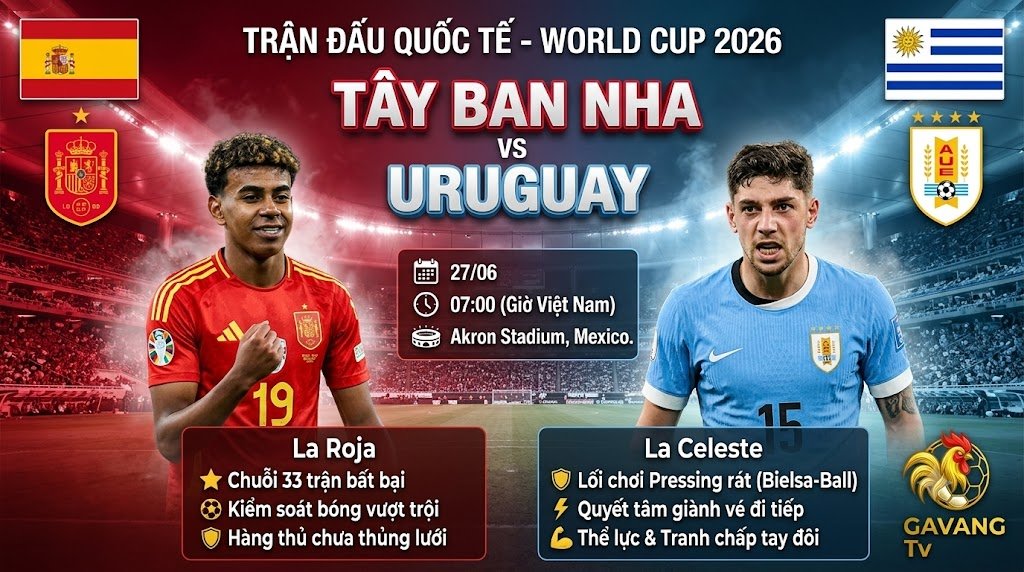Ảnh bìa nhận định Tây Ban Nha vs Uruguay lúc 7h00 ngày 27/06 tại bảng H World Cup 2026 - Gavang TV.