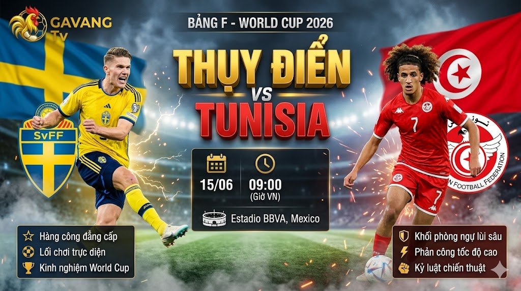 Ảnh bìa nhận định bóng đá trận Thụy Điển vs Tunisia tại bảng F World Cup 2026 trên Gavang TV.