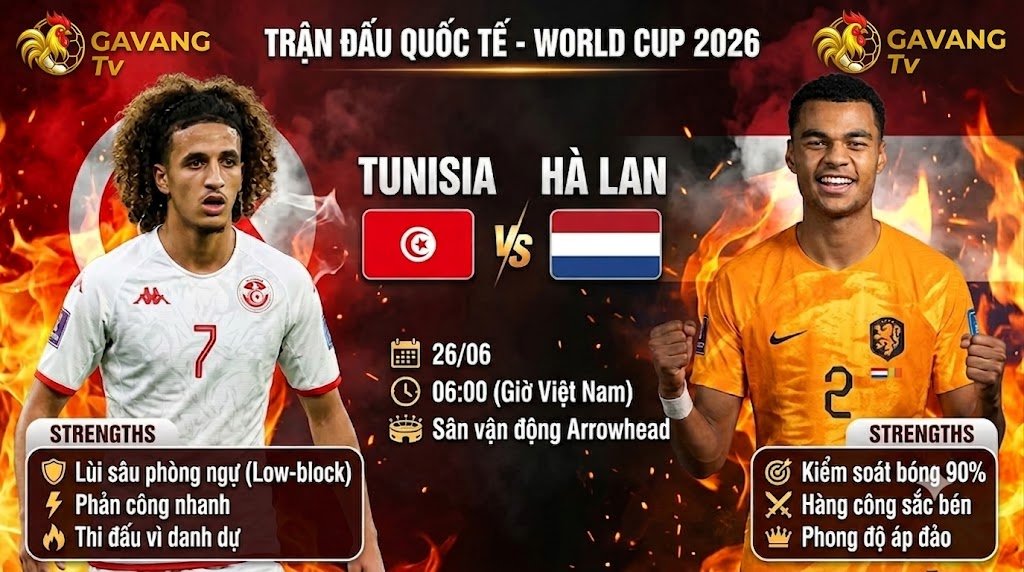 Nhận định tỷ lệ và phân tích trận đấu giữa Tunisia vs Hà Lan tại bảng F World Cup 2026 chi tiết trên Gavang TV.