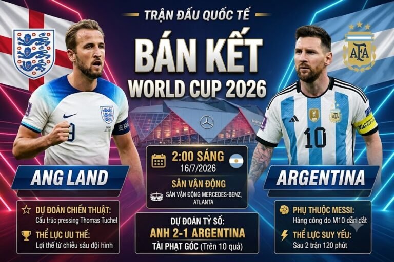 Đồ họa so sánh trước trận bán kết World Cup 2026 giữa Anh và Argentina, với ảnh các đội trưởng Harry Kane và Lionel Messi, dự đoán tỷ số Anh 2-1 Argentina, và dự đoán hơn 10 quả phạt góc