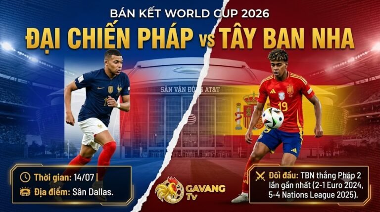 Ảnh thumbnail trận Bán kết World Cup 2026 giữa Pháp và Tây Ban Nha tại Dallas, chia đôi khung hình với Kylian Mbappe và Lamine Yamal, kèm logo Gavang TV.