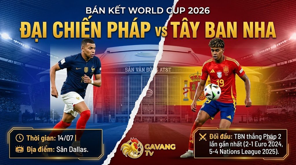 Ảnh thumbnail trận Bán kết World Cup 2026 giữa Pháp và Tây Ban Nha tại Dallas, chia đôi khung hình với Kylian Mbappe và Lamine Yamal, kèm logo Gavang TV.