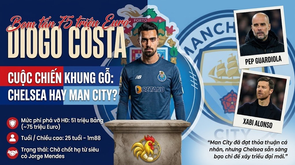 Cuộc chiến chuyển nhượng bom tấn Diogo Costa giữa Chelsea và Man City với mức giá 75 triệu Euro được cập nhật trên nền tảng Gavang TV.