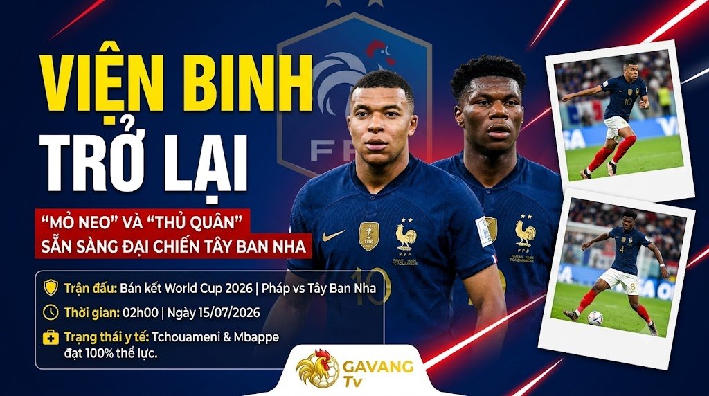 Gavang TV cập nhật lực lượng: Kylian Mbappe và Aurelien Tchouameni đạt 100% thể lực, sẵn sàng trở lại đội hình tuyển Pháp đại chiến Tây Ban Nha tại bán kết World Cup 2026.