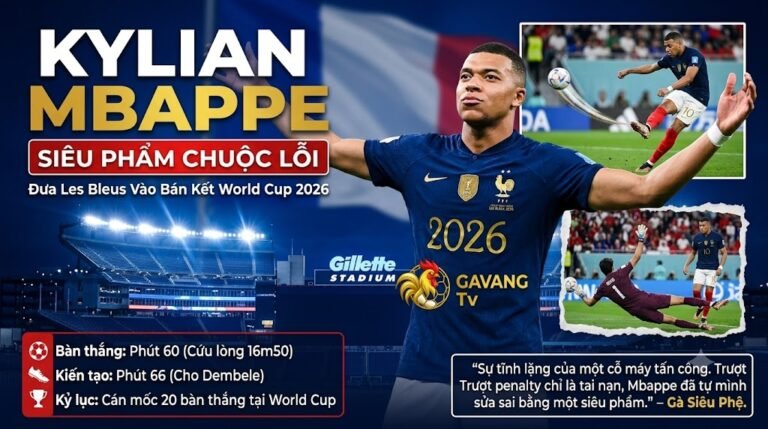 Kylian Mbappe ăn mừng siêu phẩm cứa lòng chuộc lỗi sau khi đá hỏng penalty, giúp ĐT Pháp đánh bại Maroc tại tứ kết World Cup 2026 - Điểm tin Gavang TV.