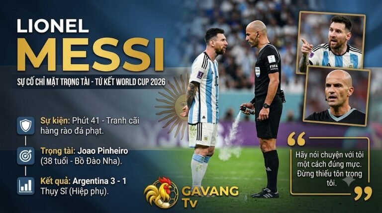 Khoảnh khắc Lionel Messi chỉ tay căng thẳng với trọng tài Joao Pinheiro trong trận tứ kết World Cup 2026 giữa Argentina và Thụy Sĩ - Đưa tin bởi Gavang TV.