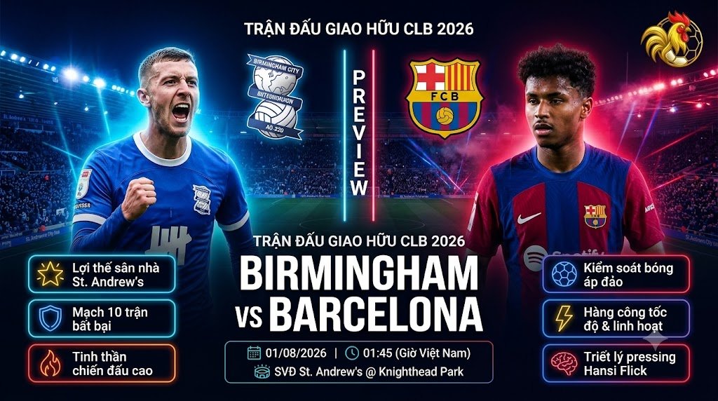 Ảnh bìa nhận định trận đấu Birmingham vs Barcelona, giao hữu CLB lúc 01h45 ngày 01/08/2026, so sánh điểm mạnh giữa hai đội bóng.