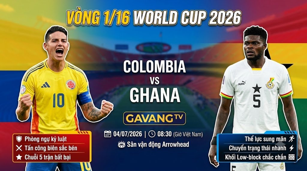 Nhận định trực tiếp bóng đá Colombia vs Ghana vòng 1/16 World Cup 2026 cùng chuyên gia Gavang TV.