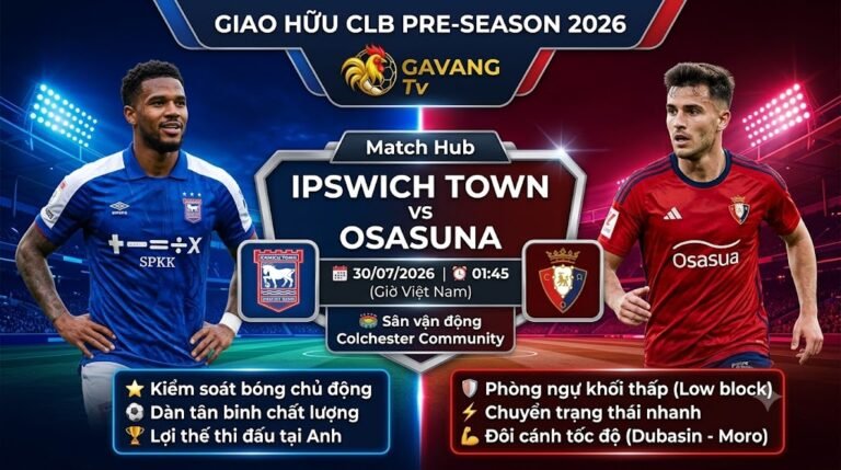 Ảnh bìa nhận định trận đấu giao hữu Ipswich Town vs Osasuna ngày 30/07/2026 trên Gavang TV