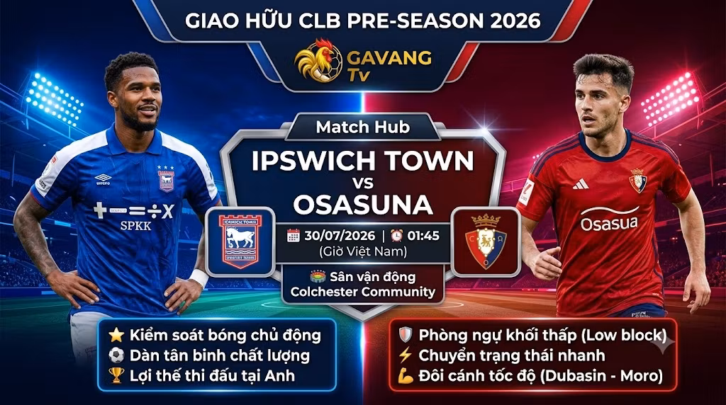 Ảnh bìa nhận định trận đấu giao hữu Ipswich Town vs Osasuna ngày 30/07/2026 trên Gavang TV