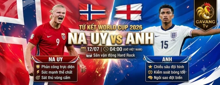 Hình ảnh nhận định trận đấu tứ kết World Cup 2026 giữa Na Uy và Anh, làm nổi bật cuộc đối đầu giữa Erling Haaland và Jude Bellingham cùng các thông tin tỷ lệ kèo.