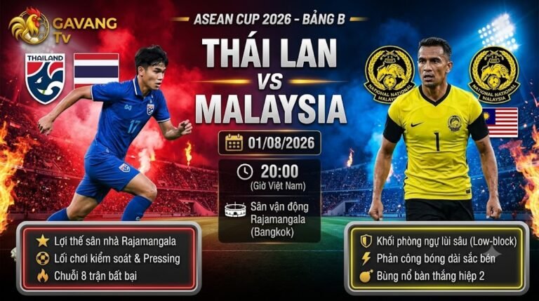 Nhận định và xem trực tiếp bóng đá trận Thái Lan vs Malaysia vòng bảng ASEAN Cup 2026 chất lượng cao trên Gavang TV.