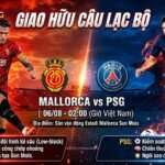 Ảnh bìa chia đôi màn hình của Gavang TV cho trận giao hữu RCD Mallorca vs. Paris Saint-Germain (PSG). Hình ảnh cho thấy đội trưởng Mallorca, Antonio Raíllo, cản phá quyết liệt và cầu thủ PSG, Khvicha Kvaratskhelia, rê bóng, đặt trên nền rực lửa màu đỏ đen và xanh navy/đỏ. Bao gồm logo Gavang TV, tiêu đề trận đấu và các bảng thông tin mô tả.