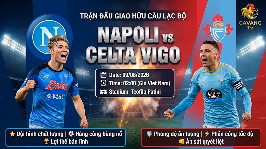 Banner nhận định bóng đá trận đấu Napoli vs Celta Vigo giao hữu câu lạc bộ trên Gavang TV