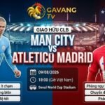 Ảnh bìa bài nhận định trận đấu giao hữu Man City vs Atletico Madrid, hình ảnh đối đầu Phil Foden và Lee Kang-in, thông tin giờ thi đấu và sân vận động Seoul World Cup Stadium, có logo GAVANG TV.