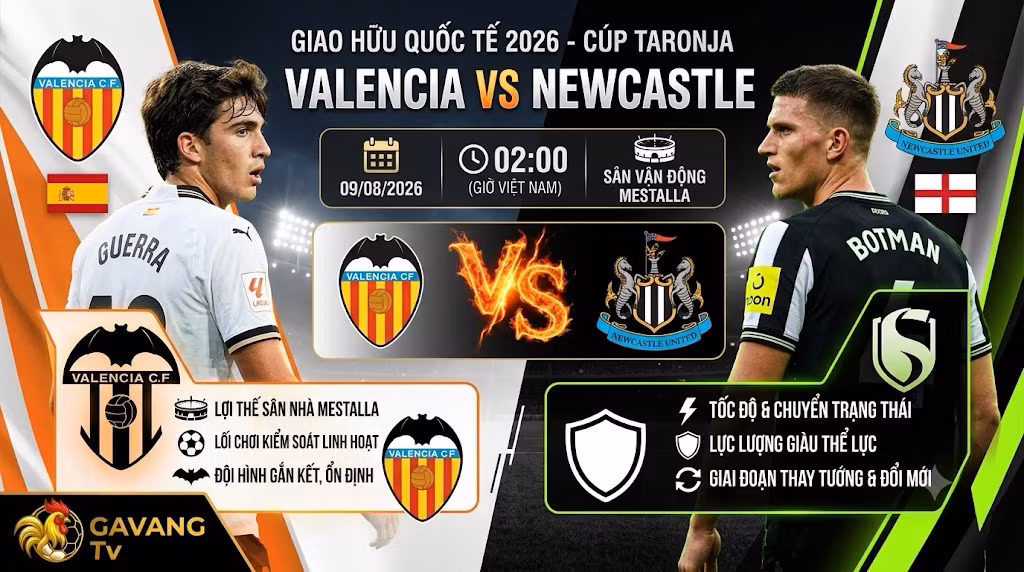 Nhận định trận đấu Valencia vs Newcastle diễn ra lúc 02h00 ngày 09/08/2026 tại Cúp Taronja